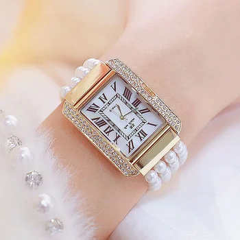 Cristal De Lux Ceasuri Pentru Femei Dreptunghi Romi Cadran Ceas Doamnelor Perla Curea Cuarț Ceas De Mână Brățară Ceas Rose Gold