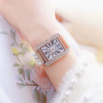 Cristal De Lux Ceasuri Pentru Femei Dreptunghi Romi Cadran Ceas Doamnelor Perla Curea Cuarț Ceas De Mână Brățară Ceas Rose Gold