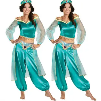 Aladdin Jasmine Printesa Cosplay Femei Fete cu Haine de imbracat Costum Petrecere Femei Top+Pantaloni+Benzi 3pcs Set Haine