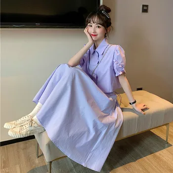 Femei Seturi de Epocă Minunat Purple Chic coreean Femme Tinutele Bază Solidă Maneca Scurta Crop Top Elastic Talie O-linie Fete Fuste