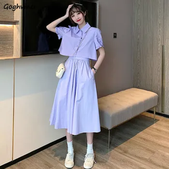 Femei Seturi de Epocă Minunat Purple Chic coreean Femme Tinutele Bază Solidă Maneca Scurta Crop Top Elastic Talie O-linie Fete Fuste