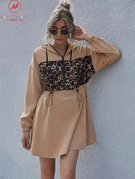 Femei De Moda De Primăvară Toamnă O Linie De Rochie Cu Gluga Cu Cordon Design Fermoar Decor O-Gat Maneci Lungi Leopard Print Slim Rochie Mini