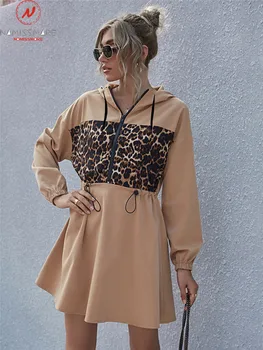 Femei De Moda De Primăvară Toamnă O Linie De Rochie Cu Gluga Cu Cordon Design Fermoar Decor O-Gat Maneci Lungi Leopard Print Slim Rochie Mini