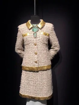 Egipt colecția de aur de lux din piele guler sacou de tweed plus dimensiune de iarnă haina și fusta set 5xl 6xl uimitoare casaco feminino