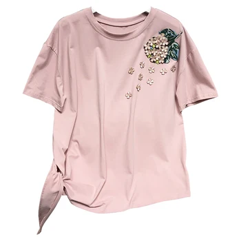 Plus Dimensiune Femei Roz T-shirt Femme Maneca Scurta Doamna de Dimensiuni Mari Broderie de Bumbac T-shirt, Blaturi