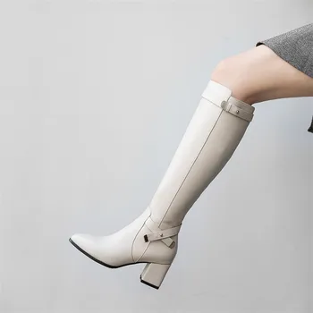ANNYMOLI Nit Real din Piele cu Toc Genunchi-Cizme Femei Pantofi Subliniat Toe Tocuri Groase Zip Lung Cizme de Iarna pentru Femeie Negru 40