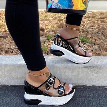 De Vară 2020 Femei Transparent Sandale De Doamnelor Pene Platforma Sandale De Moda Casual Dublu Cataramă Curele Afara Pantofi