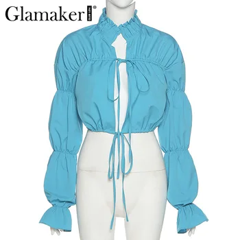 Glamaker Alb casual cu maneci lungi din dantela-up bluza de Toamna iarna streetwear tricou Femei de top albastru vrac zburli maneca de sus