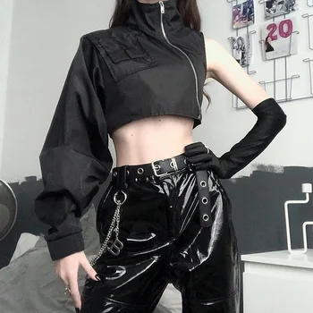 Cool Punk Negru Femei Neregulate Tricoul 2020 Toamna Lady Hipster Goth Zip One-partea fără Mâneci Scurte-lungime Mănuși de Moda de Top