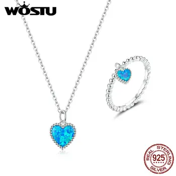 WOSTU New Sosire Argint 925 Romantic Inima Set de Bijuterii Albastru Opal Colier si Inel Pentru Femei Bijuterii de Nunta cel Mai bun Cadou