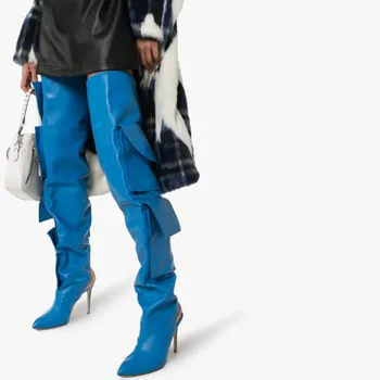 Siddons Albastru Din Piele Packer Designer Femei Peste Genunchi Cizme A Subliniat Toe Tocuri Inalte Doamnelor Sandale Pantofi Pentru Femeie Cizme Înalte