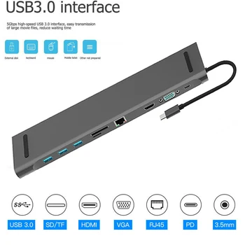 10 în 1 HUB 4K USB Type C la USB 3.0 TF HDMI, VGA, RJ45 Mini DP Stația de Andocare sau Huawei Samsung Xiaomi