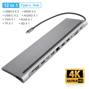 12 în 1 USB Type-C Hub Adaptor Laptop Docking Station HDMI, VGA, RJ45 SD TF Card Reader, Hub USB 3.0 Port pentru Notebook-uri