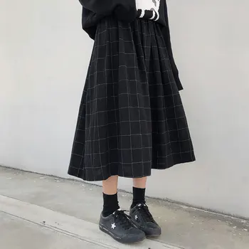 2 Culori Stil Japonez de Mare Elastic Talie Fuste Lungi Femeie 2021 Toamna Iarna Carouri a-line Plisate Fuste Femei