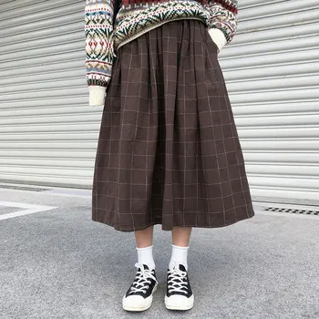 2 Culori Stil Japonez de Mare Elastic Talie Fuste Lungi Femeie 2021 Toamna Iarna Carouri a-line Plisate Fuste Femei