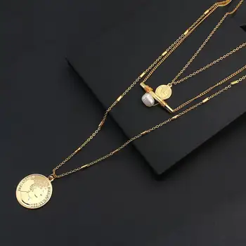 AENSOA Moda Vintage Multistrat Monedă Pandantiv Colier pentru Femei poftă de mâncare Culoare Perla de Aur Farmecul Lanț Cravată Colier 2020 Nou 15167