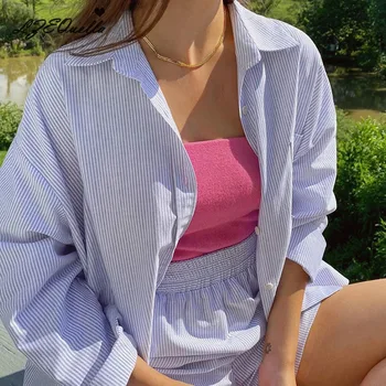 Bluze pentru femei Guler de Turn-down Primăvară, Tricouri Dungă All-meci Stil coreean Liber Uza de sex Feminin Chic Haine Noi NZ2563
