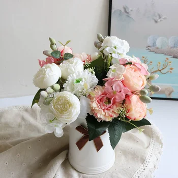 Noi Mătase Roz Bujor Roșu Buchet de Flori Artificiale Ieftine 5 Cap Mare Fals Flori Vaze pentru Acasă Decorare Nunta de Interior