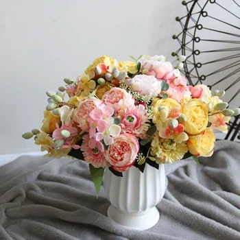 Noi Mătase Roz Bujor Roșu Buchet de Flori Artificiale Ieftine 5 Cap Mare Fals Flori Vaze pentru Acasă Decorare Nunta de Interior