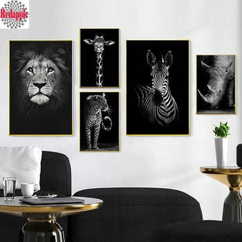 Alb negru artă 5D mozaic de Diamante Broderie Elefant, Girafa, Zebra, leopard, rinocer plin patrat/rotund burghiu diy diamant vopsea