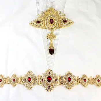 Sunspicems Caftan Marocan Centura Brosa pentru Femei Rochie de Mireasa, Bijuterii de Aur de Culoare Rosu Cristal Metal Lanț de Mireasa Cadou
