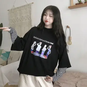 Mânecă lungă T-shirt Femei Patchwork Print petrecere a timpului Liber de zi cu Zi Fals Două Piese Cool Elevii Femei Stil coreean Jumătate-guler Chic