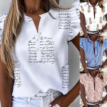 WENYUJH Vara Tricouri Casual V Neck Ruffle Bluza Tricou Femei de Vară 2020 Fluture Tricouri Casual cu Maneci Butonul Office Lady Topuri