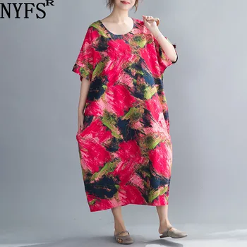NYFS 2020 Nou rochie de Vara pentru Femei Vintage rochie de Bumbac de vopsire Vrac rochie lunga Vestidos Halat Elbise