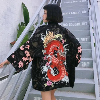 Kimono Cardigan Femei Topuri Si Bluze Stil Japonez Streetwear Femei Topuri de Vara 2019 Tricou Lung Negru de sex Feminin AA4762