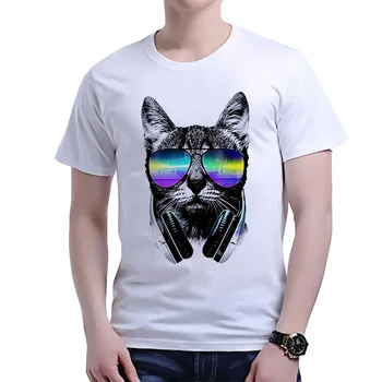 Bărbați Vara Tricou Alb-imprimeu Pisică Maneci Scurte O Gât Topuri Tricou camiseta masculina