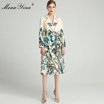 MoaaYina Designer de Moda Canadiană Palton de Toamna Femei cu maneci Lungi cu Margele guler de turn-down Floral-Print lace-up Palton