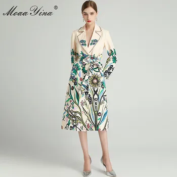 MoaaYina Designer de Moda Canadiană Palton de Toamna Femei cu maneci Lungi cu Margele guler de turn-down Floral-Print lace-up Palton