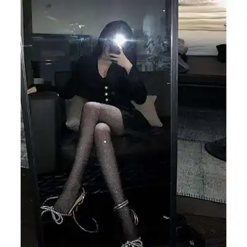 2021 Sexy Femei Chilot Negru Lucios Multi-Culoare Plasă De Diamant Fishnetstocking Dresuri De Înaltă Calitate Strălucesc Stras Ciorapi