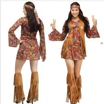 Groovy 60 de Femei Adulte Hippie Costum Peace & Love Flower Power kostum kleid femeile anilor ' 70, rochie fancy costume