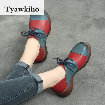 Tyawkiho Piele naturala Femei Pompe de Dantela-Up Casual Pantofi pentru Femei 5 CM Tocuri inalte 2018 Pantofi de Primăvară lucrate Manual din Piele Moale de Pompe 15895