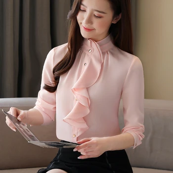 Coreea Moda Bluze Pentru Femei Elegante Office Sifon Tricouri Femei Maneca Lunga Volane Bluza Tricou Plus Dimensiune Blusas Mujer De Moda