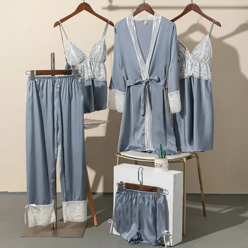 5Pcs Simplu Culoare Pură de Agrement Pijamale Halat de Somn Costum Femei Dantela Satin Set de Pijama V-Neck Cami Purta Pijamale Pijama