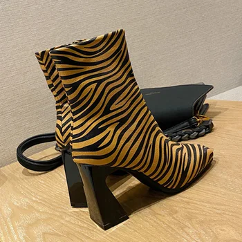 2021 Femei De Iarnă, Bloc Tocuri Glezna Cizme Designer De Blană Cald Deget De La Picior Pătrat Leopard Stripteuză Tocuri Cizme Scurte Club De Noapte Pantofi