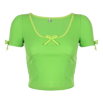 Rapcopter Neon Verde Casual Femei Culturilor Sus De Vara Cu Maneci Scurte Cu Arcul T Shirt Stil Plajă Drăguț T-Shirt Femei Haine De Sărbătoare