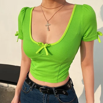Rapcopter Neon Verde Casual Femei Culturilor Sus De Vara Cu Maneci Scurte Cu Arcul T Shirt Stil Plajă Drăguț T-Shirt Femei Haine De Sărbătoare