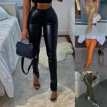 2020 de Moda pentru Femei Pantaloni din Imitatie de Piele Y2K Pantaloni Split Creion Negru Talie Mare Streetwear Elegant Sexy Skinny Slim Clubwear