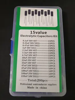 15Value 200PCS Aluminiu electrolitic condensator kit 50v 25v 16V 10V 0.1/0.22/0.47/1/2.2/3.3/4.7/10/22/33/47/100/220uf Asorta cutie