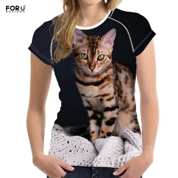 FORUDESIGNS Drăguț Pisică Bengal Femeile 3D T-shirt de Vară Mâneci Scurte Crewneck Tricouri Comforthable Pune Fitness Topuri Vetement Femme