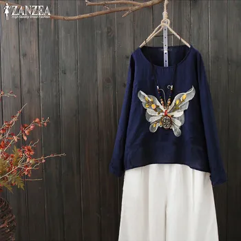 2019 ZANZEA Broderii Vintage Bluze Femei Bluza Casual Caftan Camasi cu Maneci Lungi O Femeie Gât Blusa Plus Dimensiune Camasa Tunica