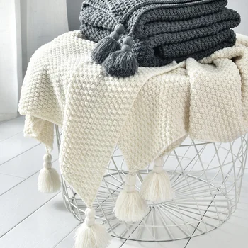 Alb Bej Mână-tricotate Canapea Pătură Foto Recuzită Ciucure Boho Pătură Pătură Tricot Pătură Condiționat Ponderat Aer Indesata