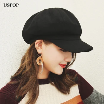 USPOP femei sexy beretă de lână pălărie stil Britanic retro culoare solidă octogonal capac de sex feminin gros cald pălării de iarnă vizor capac