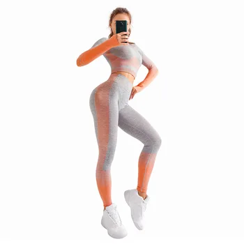 Femei Yoga Set Sport Îmbrăcăminte Ombre Fără Sudură Jambiere+Trunchiate Tricouri Antrenament Costum Sport Femei Cu Maneci Lungi Set De Fitness Active Wear