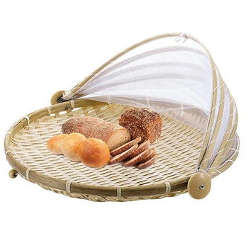 Manual de Bambus Țesute Bug Dovada Coș de Răchită Praf Picnic Fructe Tava de Alimentare Pâine Vasele se Acoperă cu Tifon