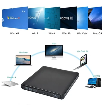 Extern Blu-Ray Drive Slim USB 3.0 Bluray Writer BD-RE CD/DVD-RW Scriitor Redare Blu-ray Disc pentru Asus, Samsung, Acer, Dell, HP