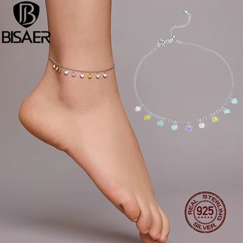 BISAER 2020 Nouă Sori de Curcubeu Inima de Argint 925 pline de culoare Lanț de Bratari Pentru Femei Picioarele Picior de Link-ul Lanț Moda Bijuterii